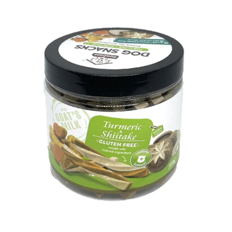 تصویر تشویقی سگ بدون گلوتن هابون با طعم شیر بز، زردچوبه و قارچ Howbone Dog Snacks With Goat's Milk, Turmeric And Shiitak