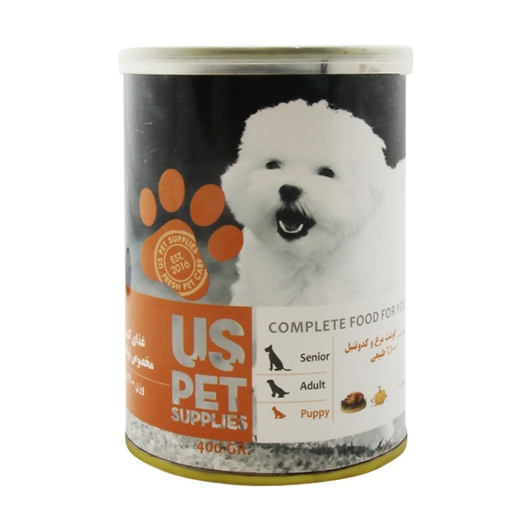 تصویر پشت کنسرو غذای توله سگ یو اس پت با طعم مرغ و کدوحلوایی UsPet Canned Food With Chicken & Pumpkin وزن 400 گرم