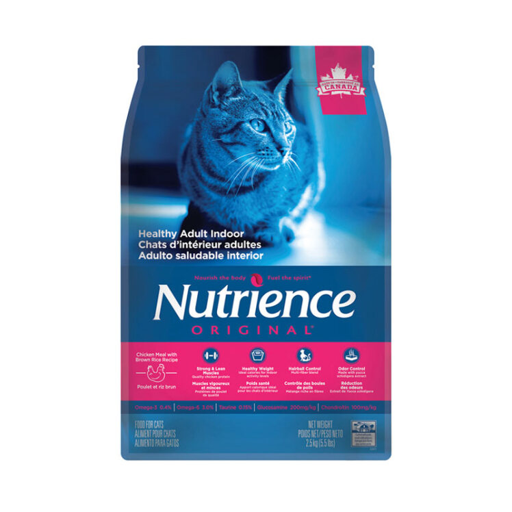 عکس بسته بندی غذای خشک گربه نوترینس با طعم مرغ و برنج قهوه ای Nutrience Original Adult Indoor Cat وزن 2.5 کیلوگرم از رو 