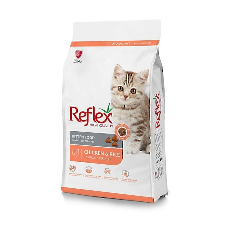 تصویر پشت غذای خشک بچه گربه با طعم مرغ و برنج رفلکس Reflex Kitten Chicken & Rice وزن 15 کیلوگرم
