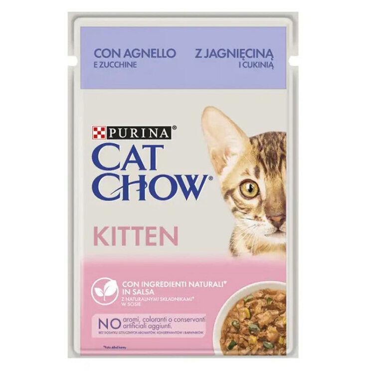 عکس بستهبندی پوچ بچه گربه پورینا کت چو با طعم بره و کدوسبز Purina Kitten Cat Chow وزن 85 گرم