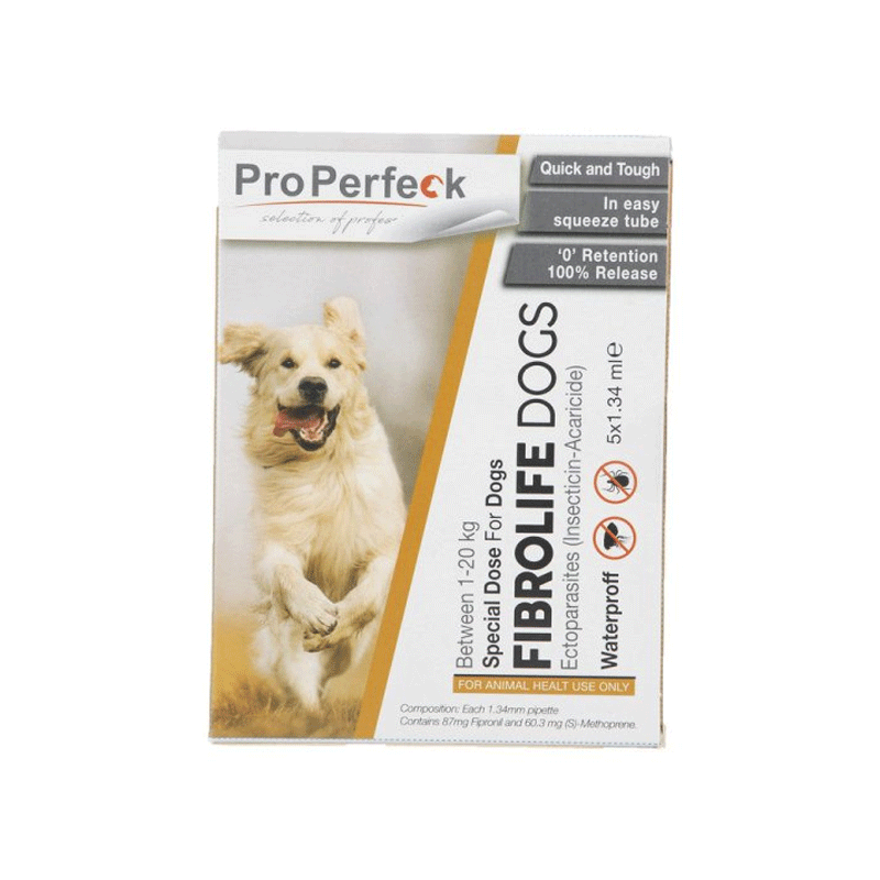  قطره ضد کک و کنه سگ پروپرفک Properfeck Fibrolife Dogs بسته 5 عددی از نمای رو به رو 