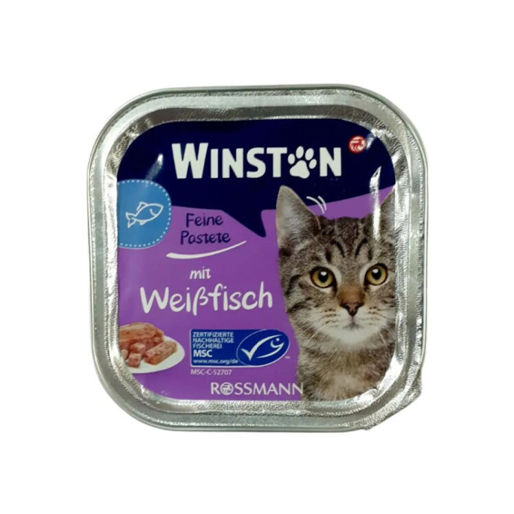 تصویر جلوی بسته بندی غذای کاسه ای گربه وینستون با طعم ماهی سفید Winston White Fish وزن 100 گرم