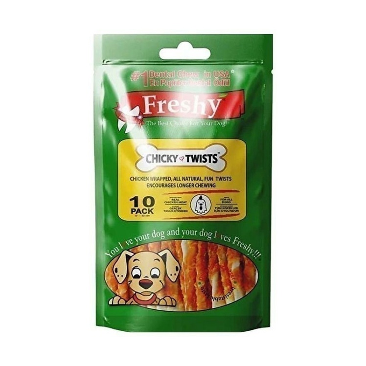 نمای پشت بسته بندی تشویقی دنتال سگ فرشی با طعم مرغ Freshy Dental Chicky Twists بسته 10 عددی