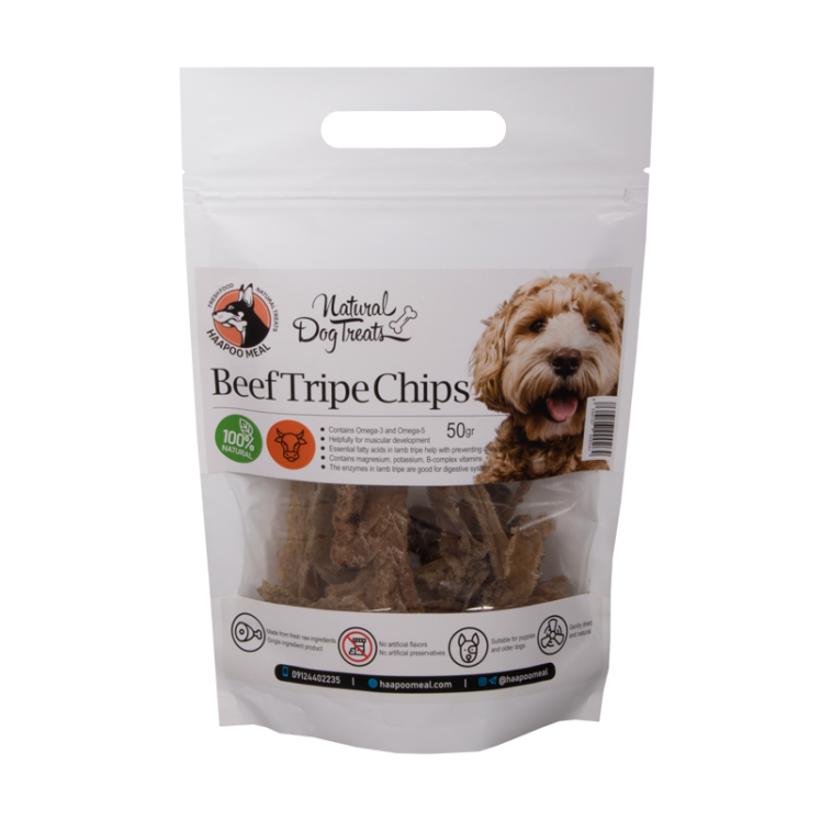 عکس روی بسته بندی تشویقی سگ هاپومیل مدل Beef Tripe Chips وزن 50 گرم