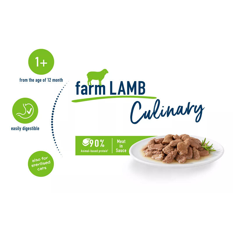  تصویر محتویات پوچ گربه هپی کت با طعم گوشت بره Happy Cat Culinary Farm Lamb وزن 85 گرم 