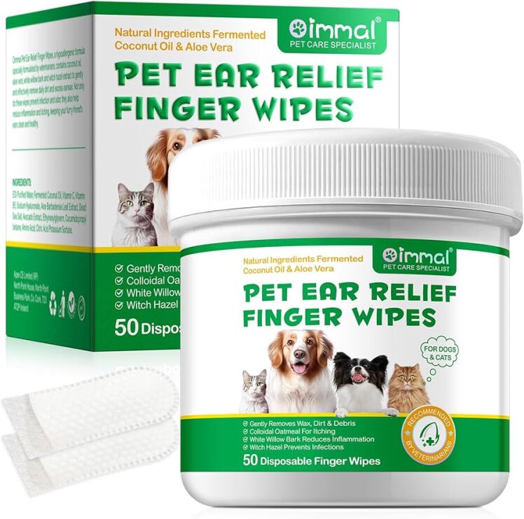 عکس پد تمیز کننده گوش حیوانات خانگی اویمال حاوی عصاره‌های طبیعی گیاهان Oimmal Pet Ear Relief Finger Wipes بسته 50 عددی
