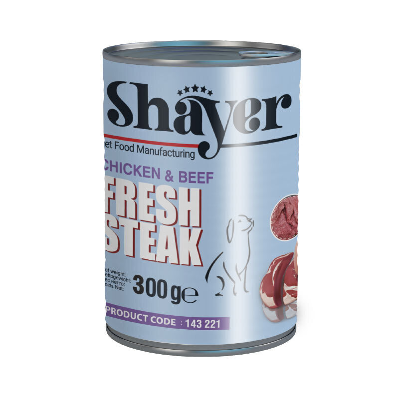  تصویر کنسرو غذای سگ استیک شایر با طعم گوشت و مرغ Shayer Fresh Steak Beef & Chicken وزن 300 گرم از نمای رو به رو 