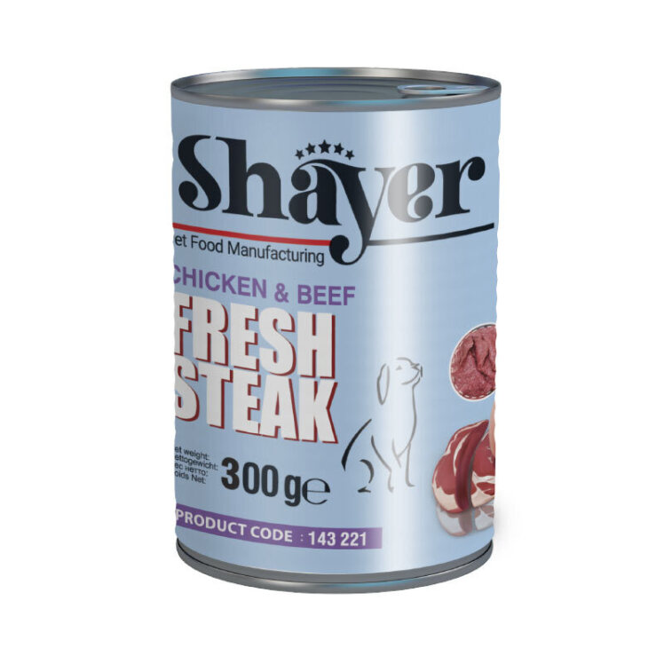 تصویر کنسرو غذای سگ استیک شایر با طعم گوشت و مرغ Shayer Fresh Steak Beef & Chicken وزن 300 گرم از نمای رو به رو
