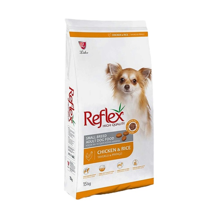 عکس دانه غذای خشک سگ بالغ با نژاد کوچک با طعم مرغ و برنج رفلکس Reflex Adult Chicken And Rice وزن 15 کیلوگرم