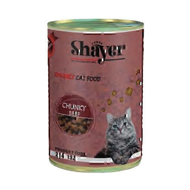 تصویر توضیحات کنسرو غذای گربه شایر با طعم گوشت Shayer Chunky Beef وزن 400 گرم