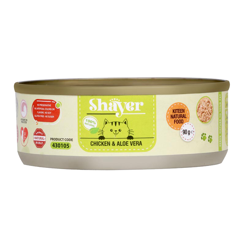  عکس بسته بندیکنسرو غذای بچه گربه شایر مدل Chicken & Aloevera وزن 90 گرم 
