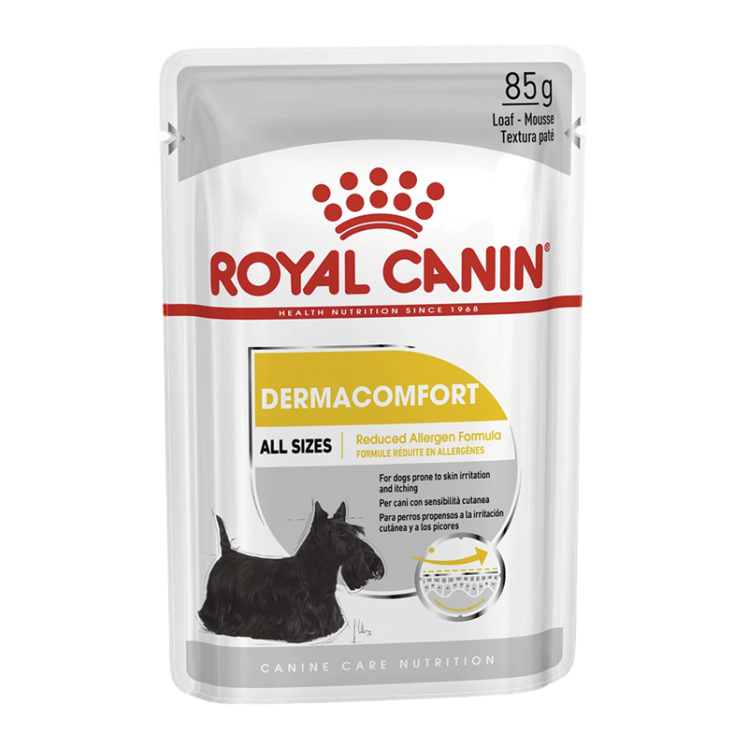 تصویر پوچ سگ درما کامفورت رویال کنین Royal Canin DermaComfort وزن 85 گرم از نمای رو به رو