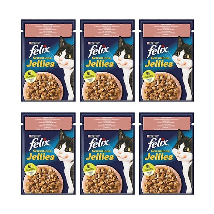 تصویر پوچ گربه فلیکس با طعم ماهی سالمون و میگو در ژله Felix Sensation Salmon in Shrimp flavored Jelly وزن 85 گرم