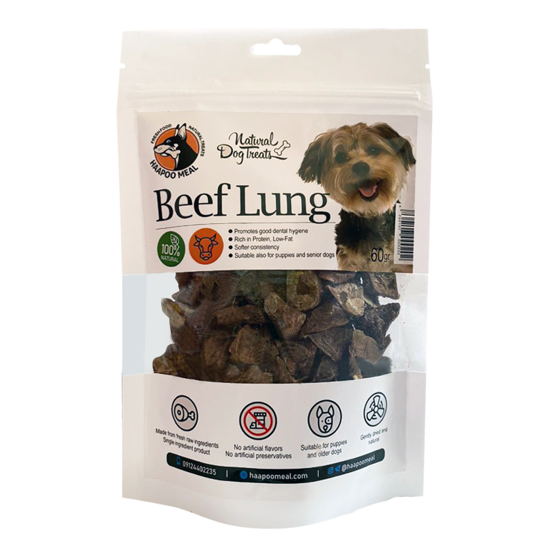  عکس بسته بندی تشویقی سگ هاپومیل مدل Beef Lung وزن 60 گرم 