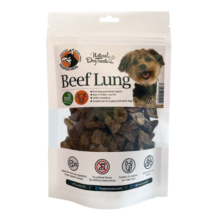 عکس بسته بندی تشویقی سگ هاپومیل مدل Beef Lung وزن 60 گرم