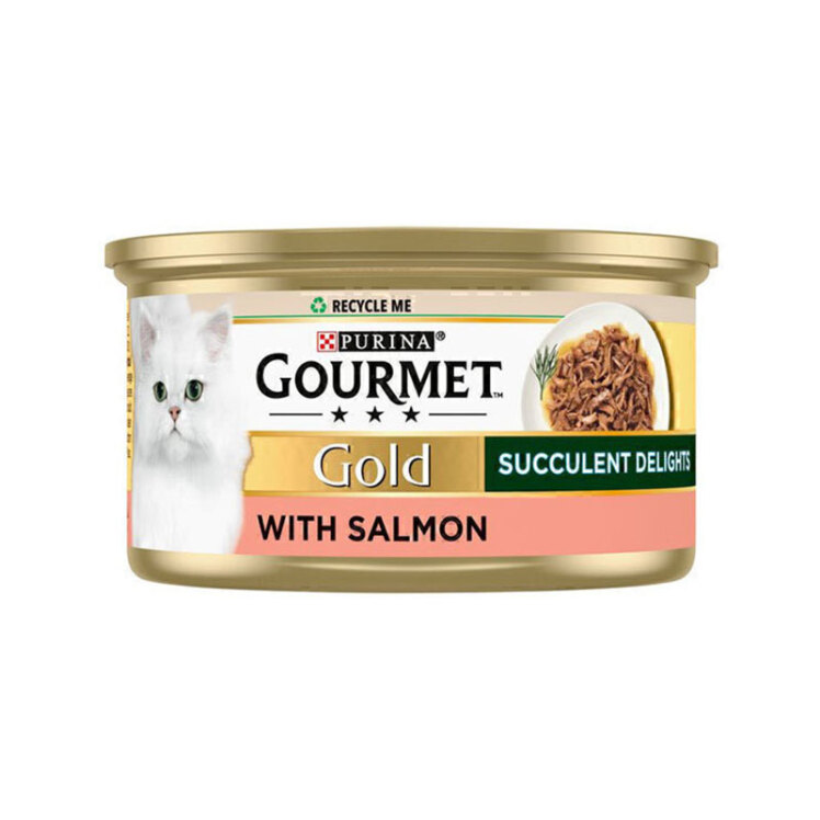 تصویر کنسرو گربه گلد گورمت با طعم فیله ماهی سالمون در سس Gourmet Gold With Salmon وزن 85 گرم