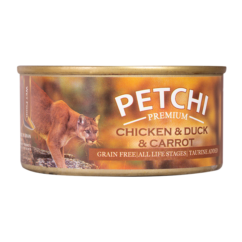  عکس تبلیغاتی بسته بندی کنسرو غذای گربه پتچی مدل Chicken & Duck & Carrot وزن 120 گرم 