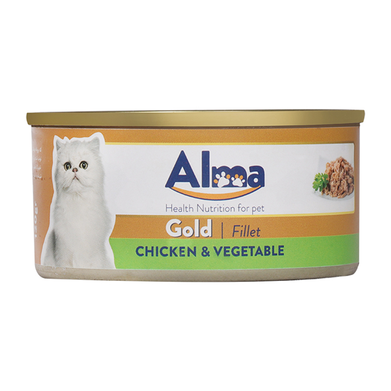  عکس بسته بندی تبلیغاتیکنسرو غذای گربه آلما مدل Gold Chicken & Vegetable وزن 120 گرم 