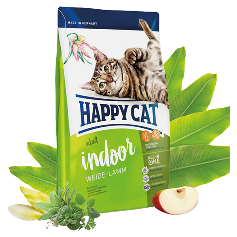  عکس تبلیغاتی بسته بندی غذای خشک گربه هپی کت مدل Adult Indoor Weide-Lamm وزن 10 کیلوگرم 
