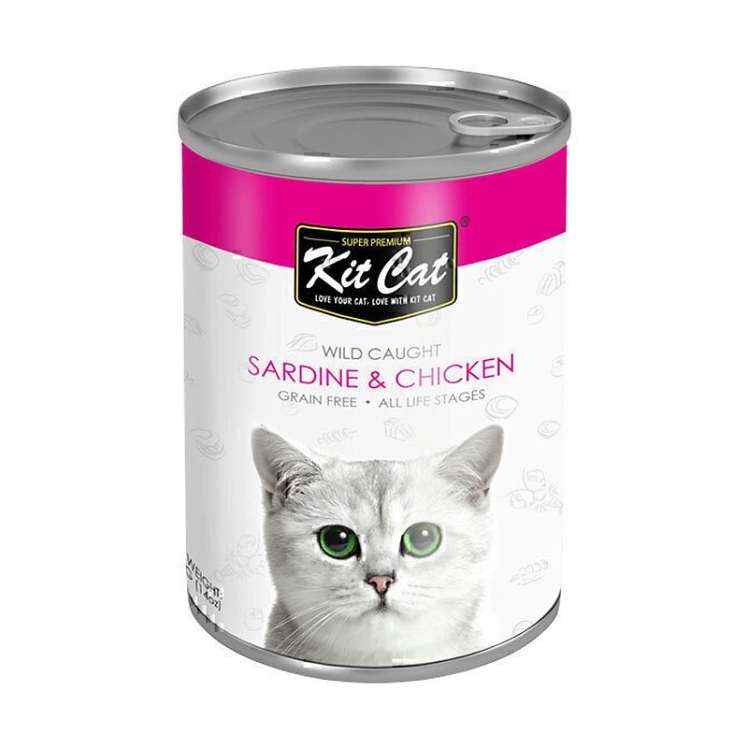 تصویر محتویات کنسرو غذای گربه کیت کت با طعم ماهی ساردین و مرغ KitCat Sardin & Chicken وزن 400 گرم