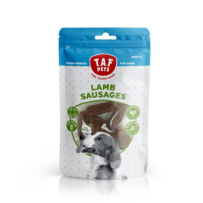  عکس تشویقی سوسیسی سگ تاف پتز با طعم گوشت بره T.A.F. Pets Lamb Sausages وزن 75 گرم 