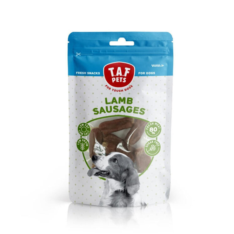عکس تشویقی سوسیسی سگ تاف پتز با طعم گوشت بره T.A.F. Pets Lamb Sausages وزن 75 گرم
