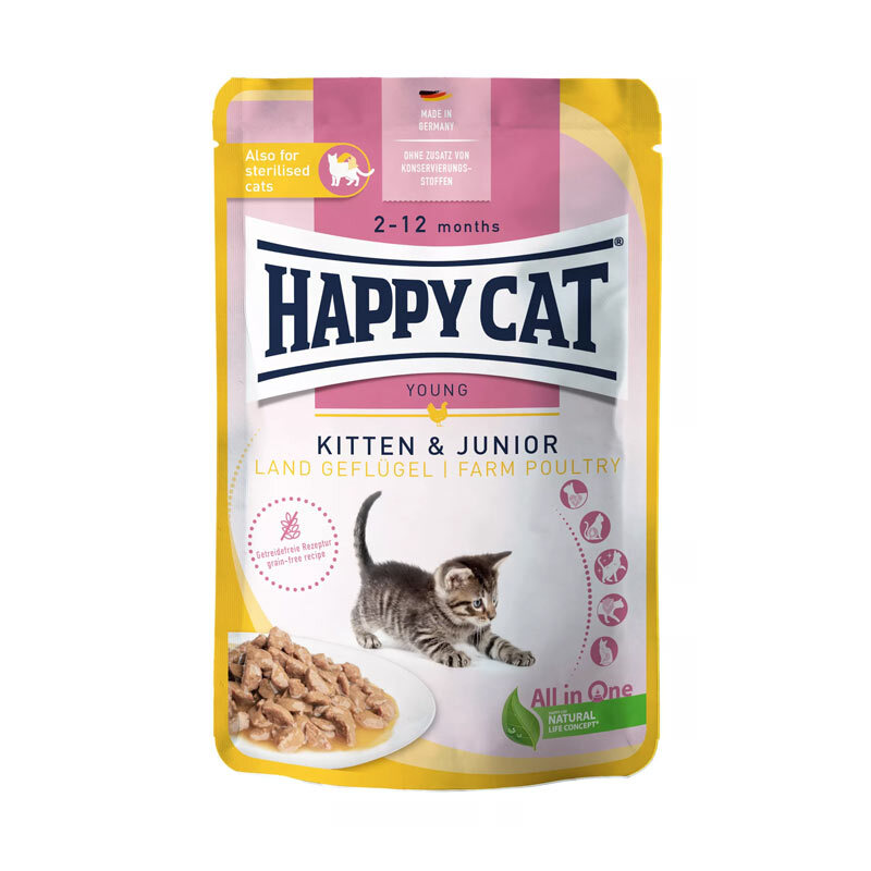  تصویر پوچ بچه گربه هپی کت با طعم مرغ Happy Cat Kitten Farm Poultry وزن 85 گرم 