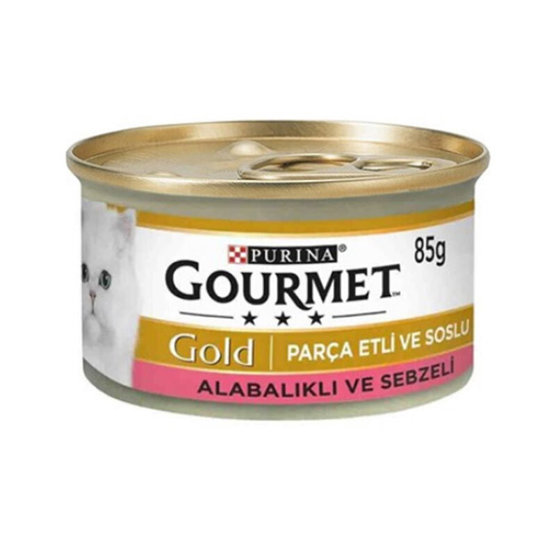  تصویر کنسرو غذای گربه گورمت با طعم ماهی قزل آلا و سبزیجات Gourmet Gold Trout & Vegetable In Sauce وزن ۸۵ گرم 