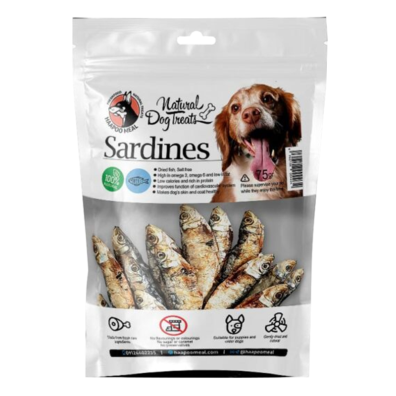  عکس بسته بندی تشویقی سگ هاپومیل مدل Sardines وزن 75 گرم 