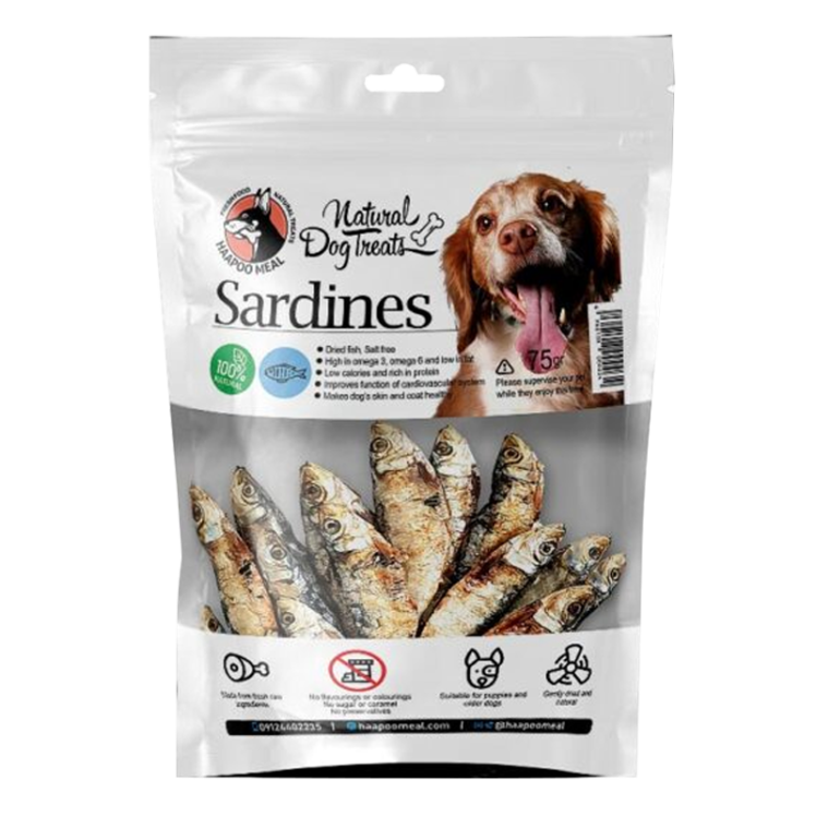 عکس بسته بندی تشویقی سگ هاپومیل مدل Sardines وزن 75 گرم