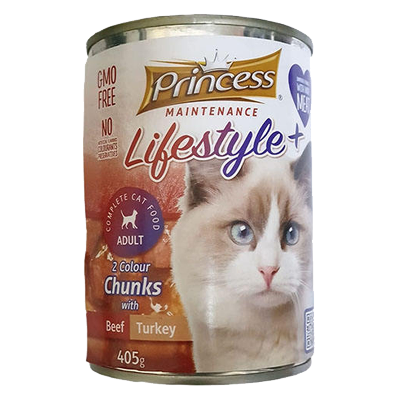  عکس بسته بندی کنسرو غذای گربه پرینسس مدل LifeStyle+ Beef & Turkey وزن ۴۰۵ گرم 