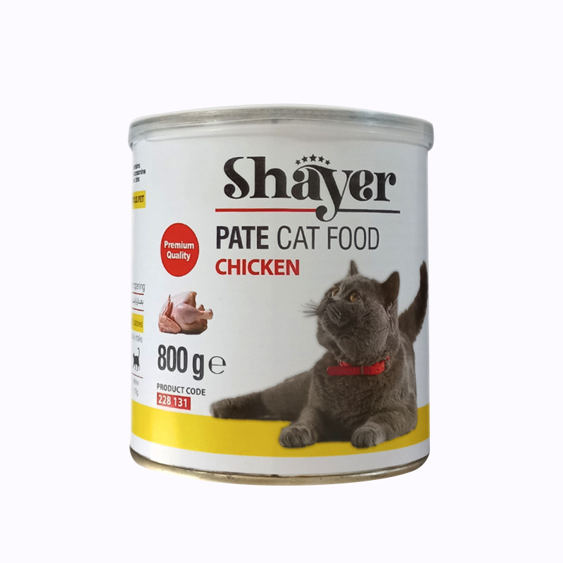  تصویر کنسرو غذای گربه شایر با طعم گوشت مرغ Shayer Premium Pate with Chicken وزن 800 گرم از نمای رو به رو 