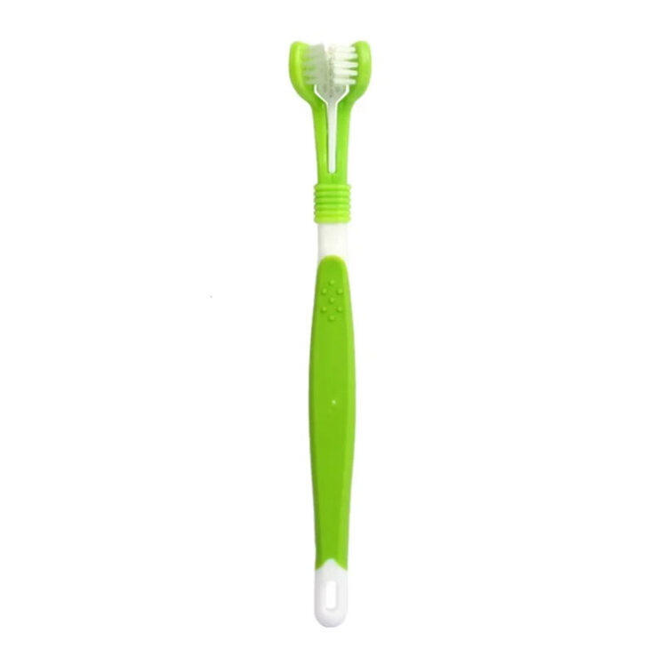 تصویر رنگ سبز سفید مسواک سه طرفه سگ و گربه هیستو تیری Histotree 3-Sided Toothbrush
