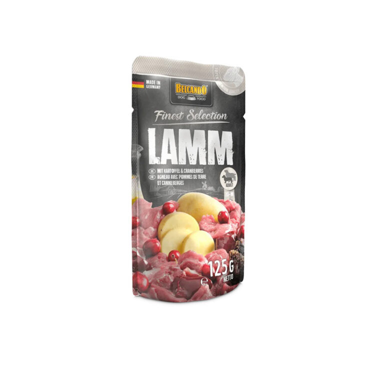 عکس بسته بندی پوچ سگ بلکاندو با طعم بره, سیب‌زمینی و کرنبری Belcando Lamb With Potato & Cranberry وزن 125 گرم