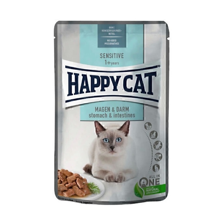 تصویر محتویات پوچ گربه تقویت کننده دستگاه گوارش هپی کت Happy Cat Sensitive Stomach & Intestines وزن 85 گرم