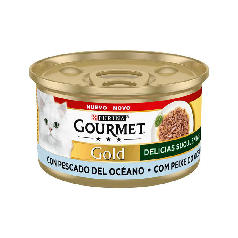  عکس بسته‌بندی کنسرو گربه گورمت گلد با طعم ماهی اقیانوسی Gourmet Gold With Ocean Fish وزن 85 گرم 