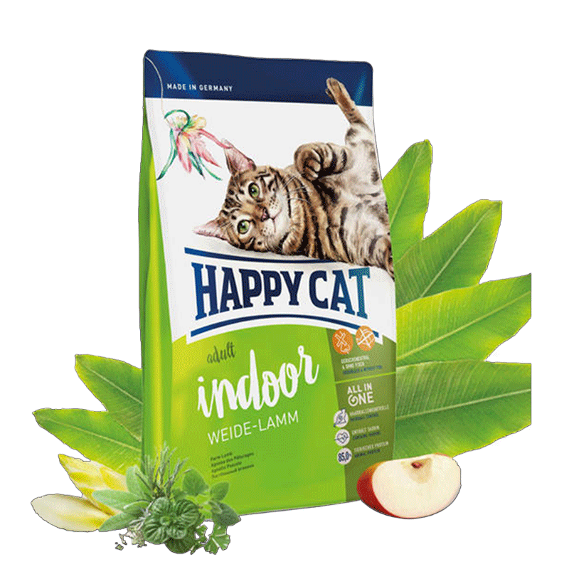  تصویر تبلیغاتی غذای خشک گربه هپی کت مدل Adult Indoor Weide-Lamm وزن 10 کیلوگرم 
