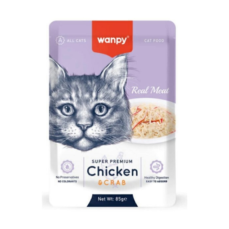 تصویر پوچ گربه با گوشت واقعی ونپی با طعم مرغ و خرچنگ Wanpy Cat Pouch Chicken And Crab بسته 12 عددی