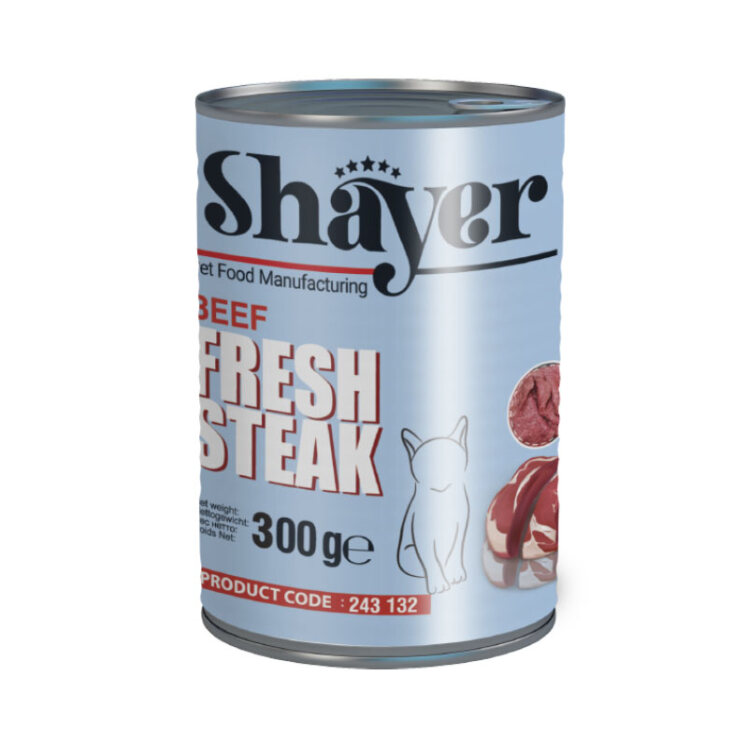 تصویر کنسرو غذای گربه استیک شایر با طعم گوشت Shayer Fresh Steak Beef وزن 300 گرم از نمای رو به رو