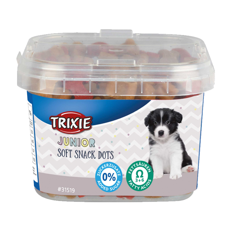  عکس بسته بندی تشویقی سگ تریکسی مدل Junior Soft Snack Dots با مخلوط وزن 140 گرم 