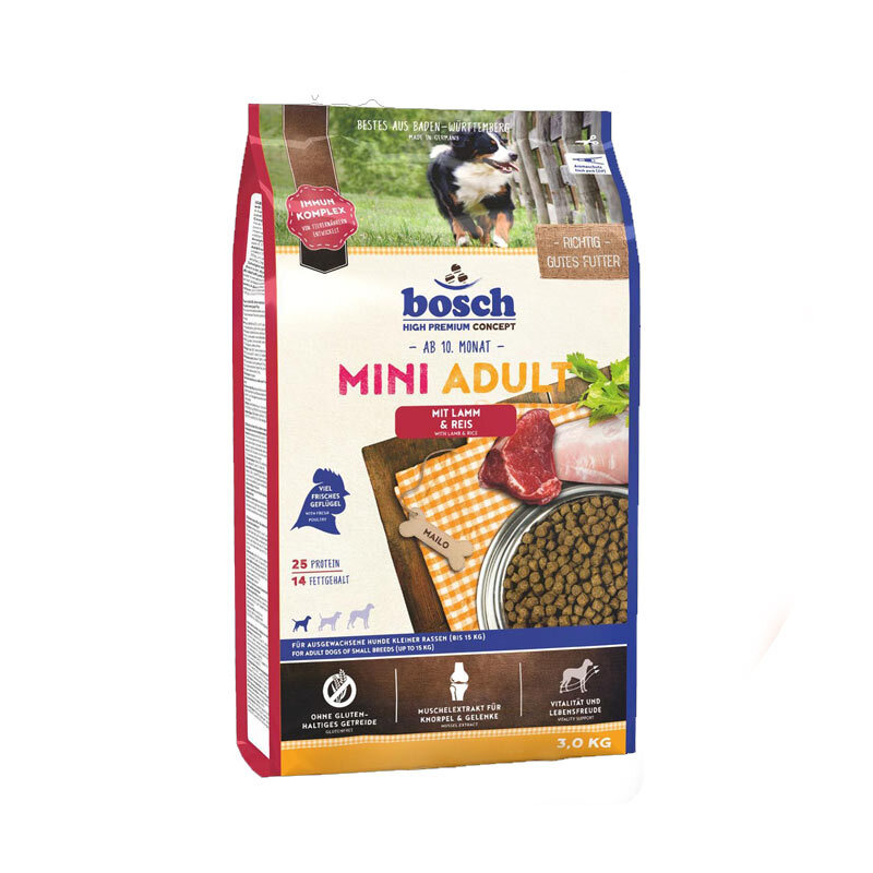 تصویر غذای خشک سگ بره و برنج بوش Bosch With Lamb & Rice Mini Adult وزن 3 کیلوگرم 