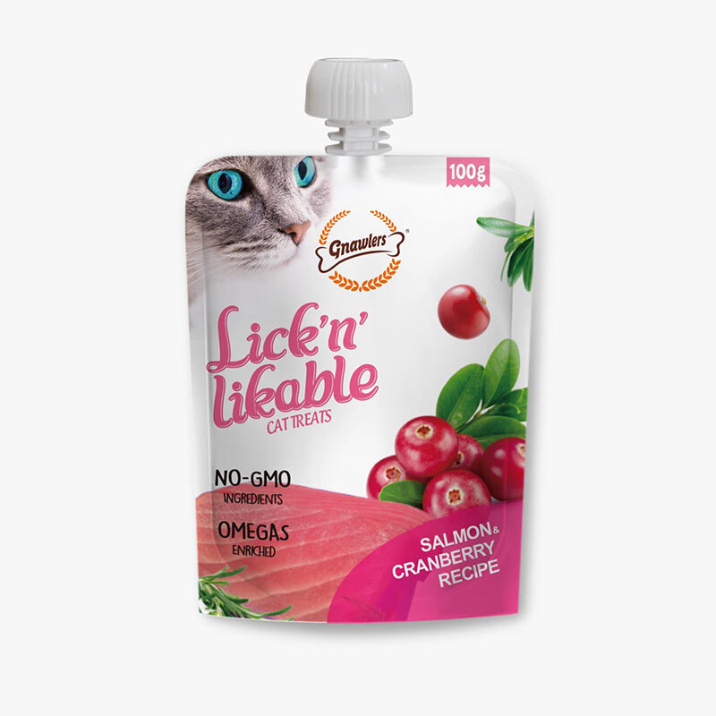  عکس پودینگ گربه گناولرز با طعم سالمون و کرنبری Gnawlers Lickable Cat Treat With Salmon & Cranberry وزن 100 گرم 