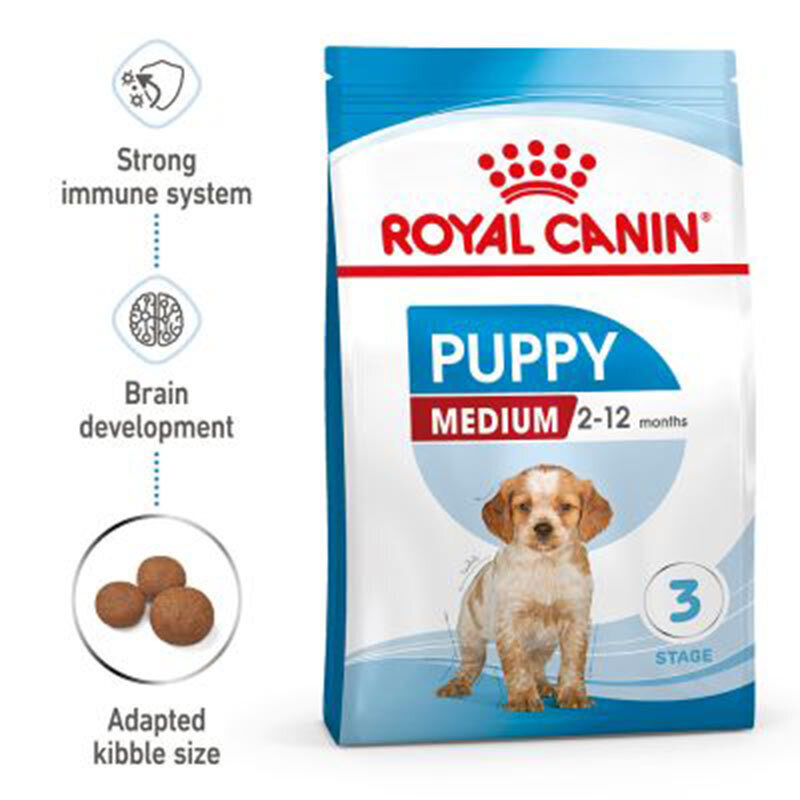  عکس ویژگی های دانه غذای خشک توله سگ نژاد متوسط رویال کنین Royal Canin Medium Puppy وزن 15 کیلوگرم 