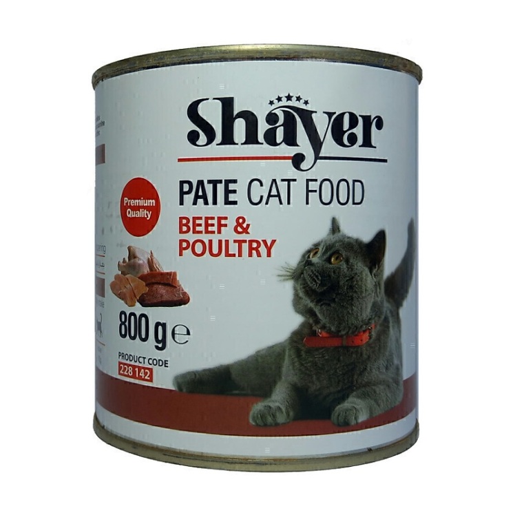 تصویر پشت بسته بندی کنسرو غذای گربه شایر با طعم گوشت گاو و پرندگان Shayer Premium With Beef & Poultry وزن 800 گرم
