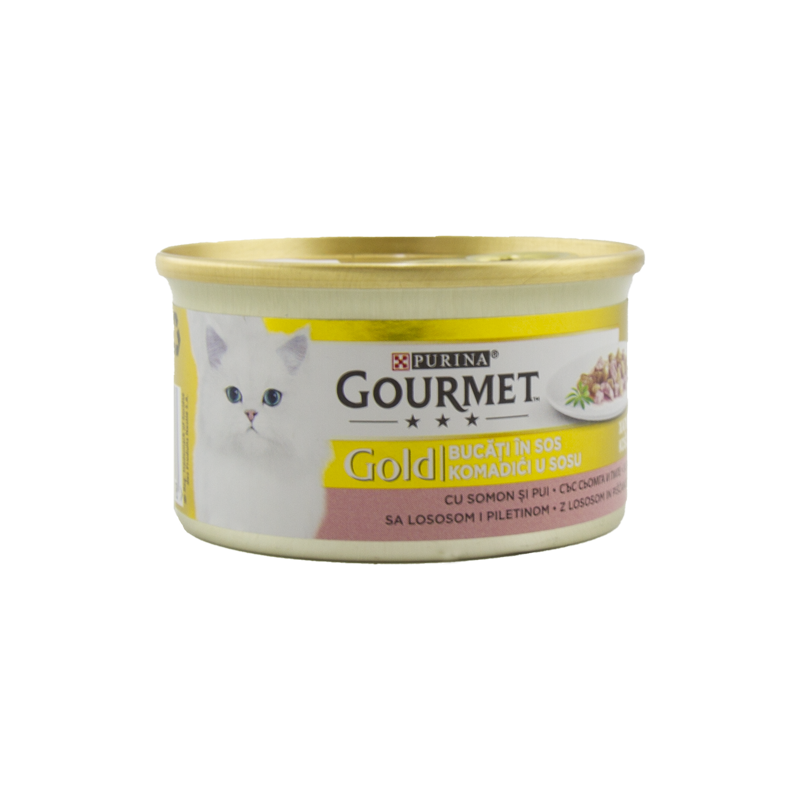  کنسرو غذای گربه با طعم سالمون و مرغ گورمت Gourmet Gold Salmon & Chicken in Gravy وزن 85 گرم 