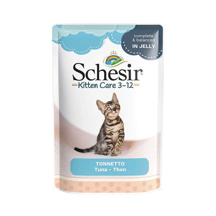 عکس بستهبندی پوچ گربه شسیر با طعم ماهی تن Schesir Kitten Care Tonnetto وزن 85 گرم