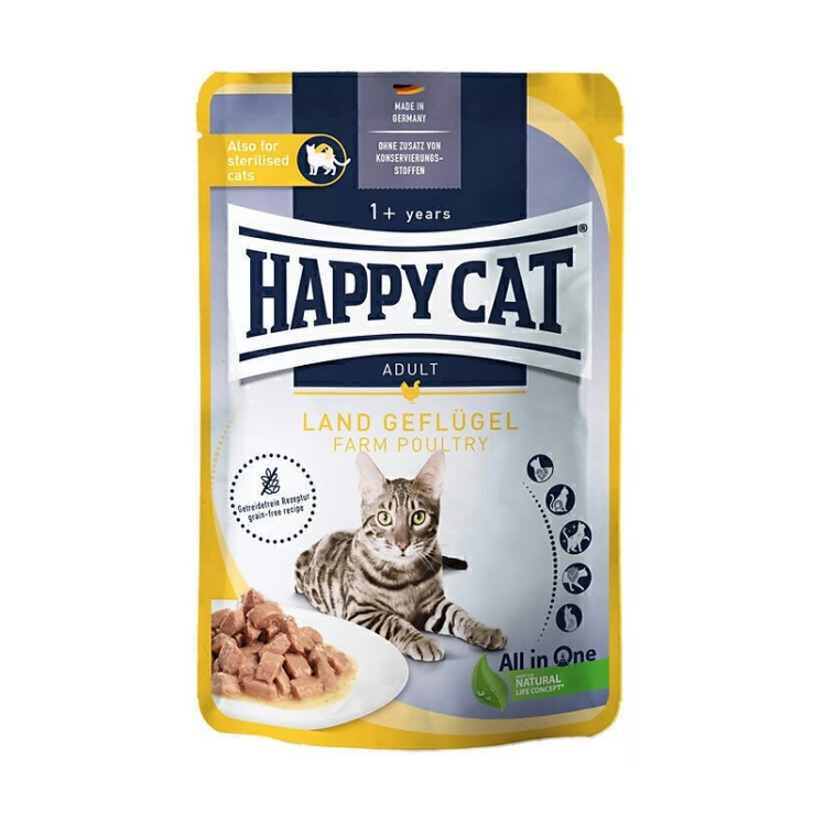 تصویر محتویات پوچ گربه هپی کت با طعم مرغ Happy Cat Culinary Farm Poultry وزن 85 گرم