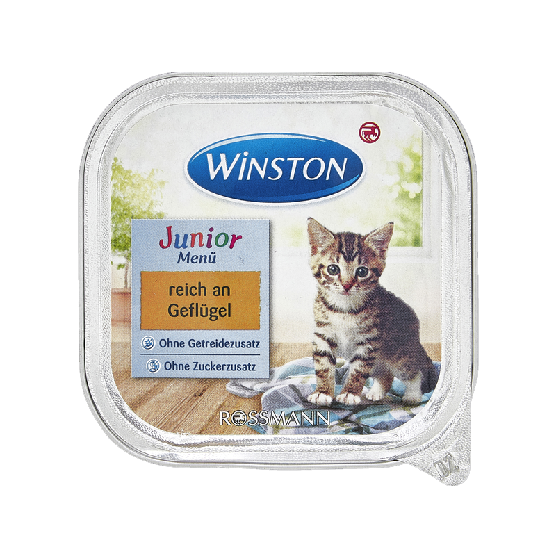  عکس روی بسته بندی غذای کاسه‌ای بچه گربه وینستون مدل Junior Poultry وزن 100 گرم 