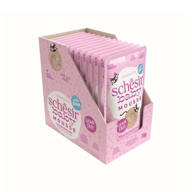 عکس بستهبندی پوچ بچه گربه شسیر با طعم مرغ و جگر مرغ Schesir Baby Mousse With Chicken and Chicken Liver وزن 70 گرم